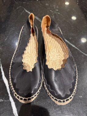 Chloe Black Scalloped Leather Espadrille Flats